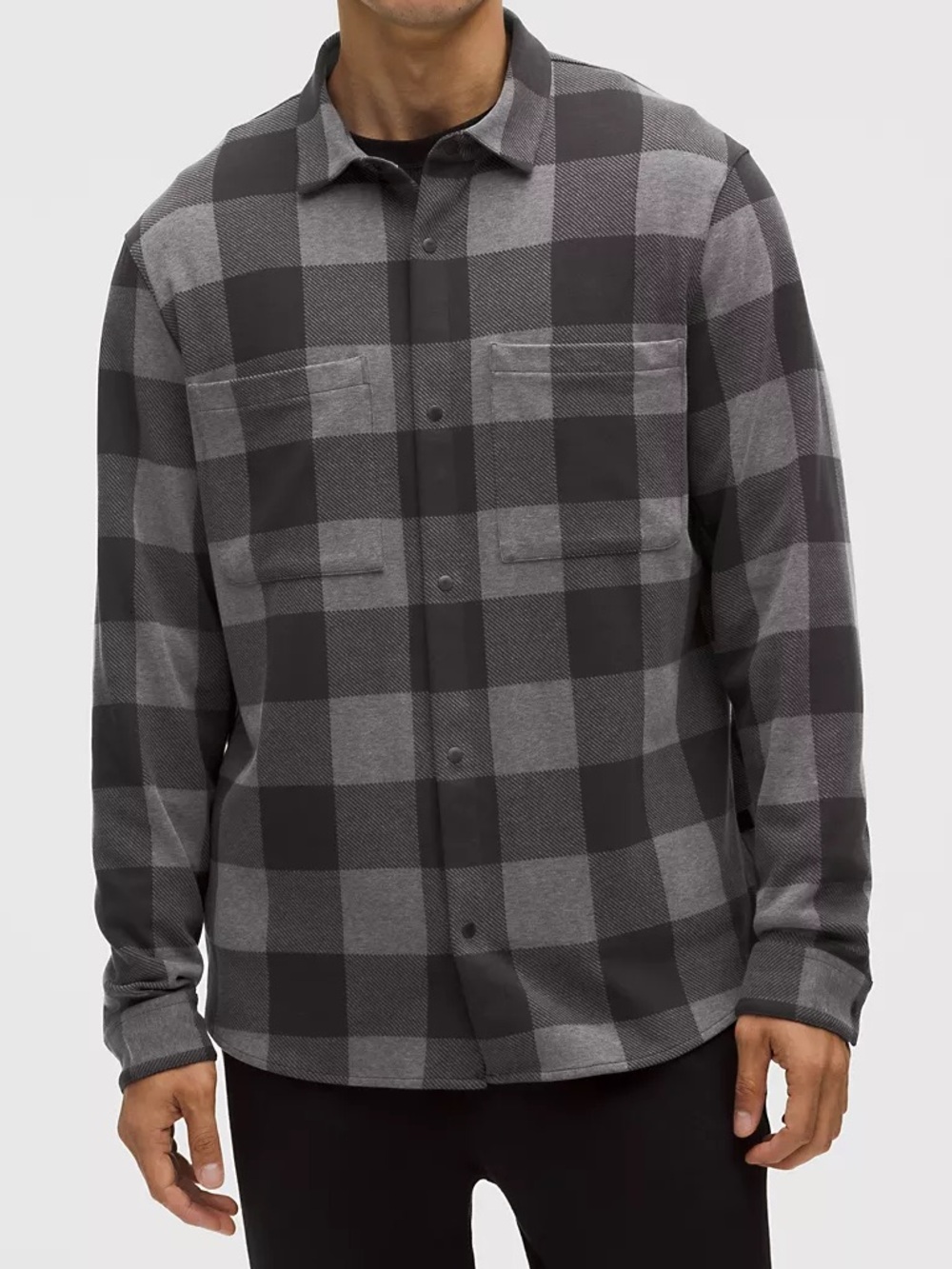 Lululemon Mens Soft Knit Overshirt Check Plaid Black Heathered Graphite Grey M